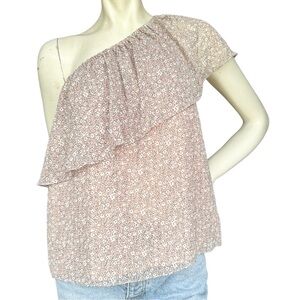 Rebecca Minkoff Pink Floral Print Tiered Ruffled One Shoulder Shirt Size Small